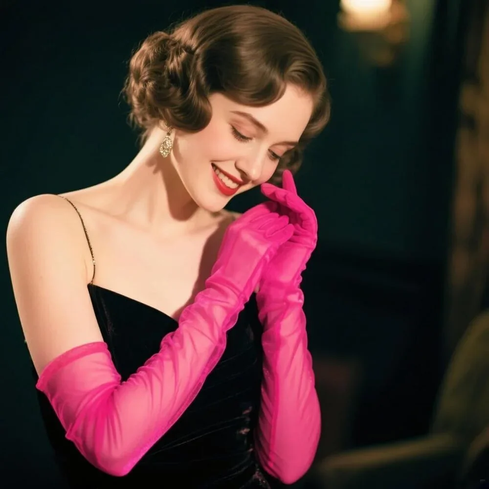 Women's Tulle Hot Pink Long Satin Gloves Evening Elbow Length Party Costumes